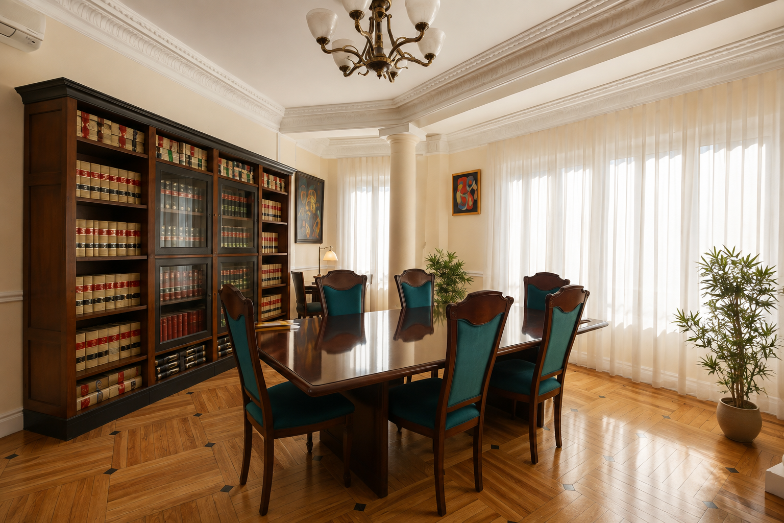 Sala de juntas del despacho en Madrid, con biblioteca jurídica